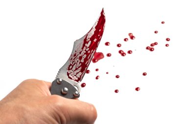 Hand holding a bloody knife, a large bloody knife, bloody theme, a killer with a knife, white background, isolated, violence, suicide, murder, a thug, a butcher