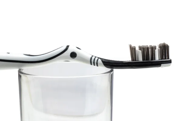 Οδοντόβουρτσα Ποτήρι Λευκό Φόντο Αντιγραφή Χώρου — Φωτογραφία Αρχείου