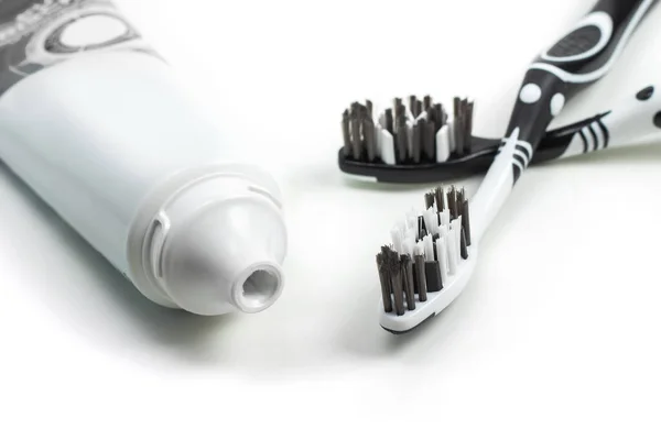 Black White Toothbrush Toothpaste White Background Copy Space — Stock Photo, Image