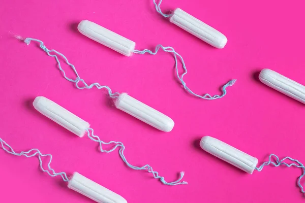 Menstrual Period Concept Woman Hygiene Protection Cotton Tampons Pink Background — Stock Photo, Image