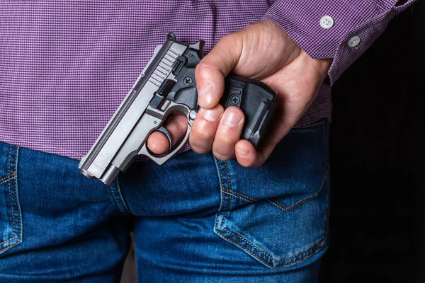 Man Shirt Pistol His Back Person Holds Firearm Attack Defense — Stock Fotó