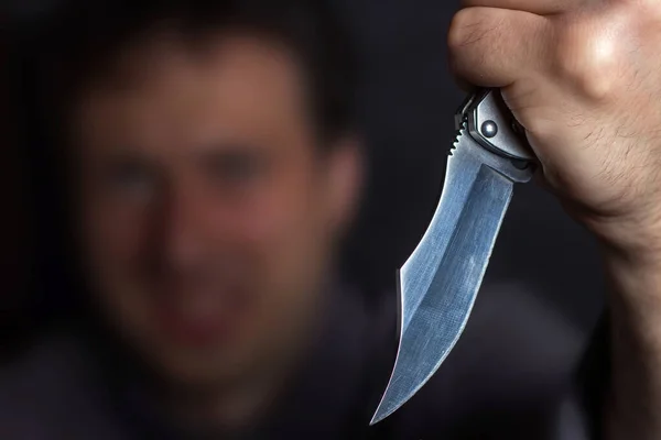 Close Hand Knife Young Terrified Man Bandit Holding Knife Hand — Foto de Stock