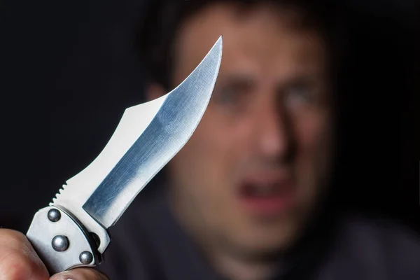 Close Hand Knife Young Terrified Man Bandit Holding Knife Hand — Foto de Stock