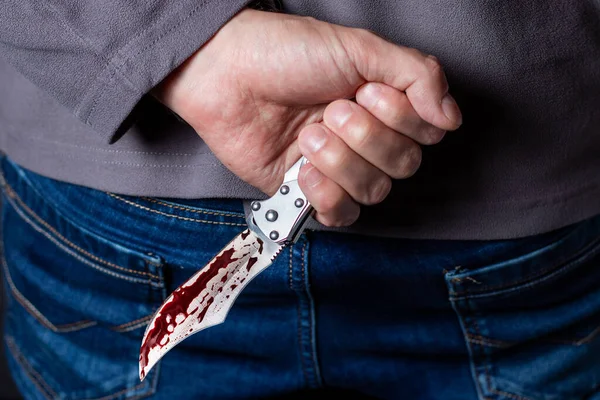 Criminal Bloody Knife Weapon Hidden His Back — Foto de Stock