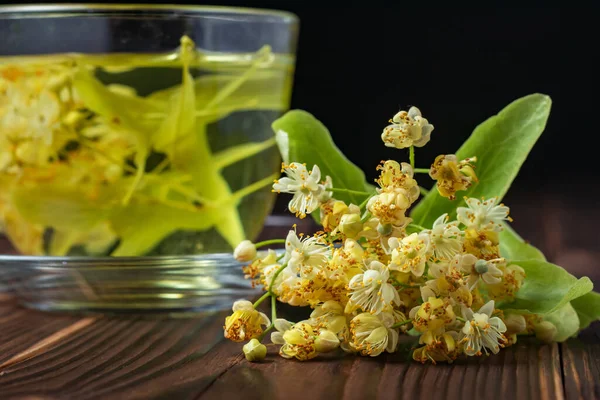 Cup Herbal Tea Linden Flowers Wooden Background — Foto de Stock