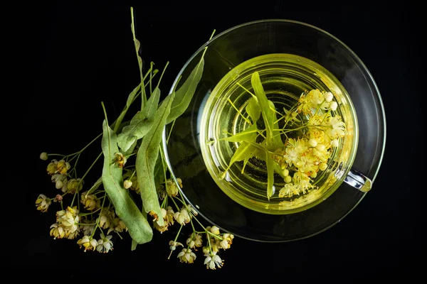 Cup Herbal Tea Linden Flowers Black Background — Foto de Stock