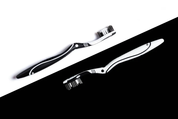 Two Toothbrushes Black White Background Concept Oral Hygiene Dental Care — Stockfoto