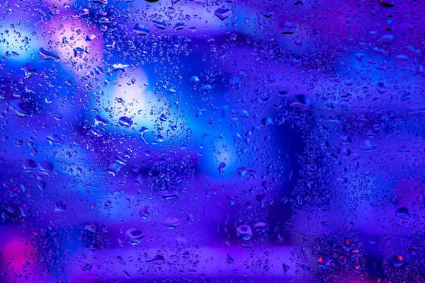 Rain Drops Condensation Window Glass Background Neon Light — Stock fotografie