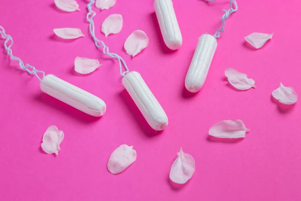 Female Tampons Cherry Petals Pink Background Hygienic White Tampon Women — Stock Photo, Image