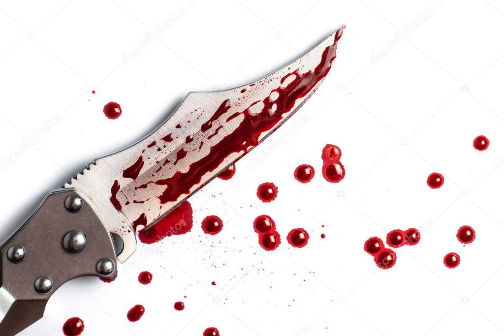 Drops of blood from a murder knife on white background