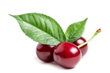 Kiraz izole edilmiş. Ekşi kiraz. Beyaz arka planda yaprakları olan kirazlar. Beyaz üzerine ekşi kiraz.