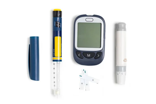 Measuring Blood Sugar Glucometer Insulin Pen White Background Isolate — Stok fotoğraf