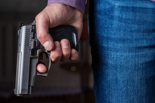 Gun Control Concept Armed Man Holds Pistol Hand — Stock Fotó