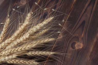 Tahta Masadaki Buğday Kulakları. Ahşap zemin üzerinde buğday yaprağı. Hasat konsepti.