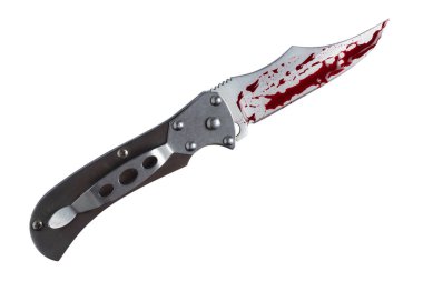 Knife blade in red blood isolated on white background