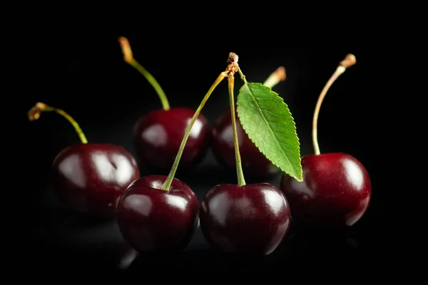 Sweet cherries with cherry leaf on a black background