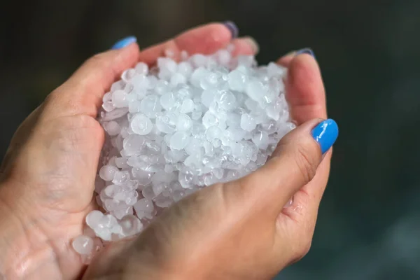 Holding Freezing Granulated Hail Ice Crystals Grains Hands Strong Hailstorm — 图库照片