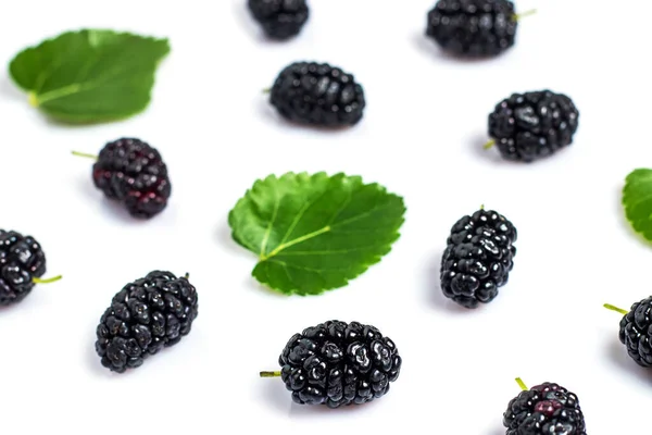 Mulberry Fruits Green Leaves Isolated White Background Top View — Stock Photo, Image