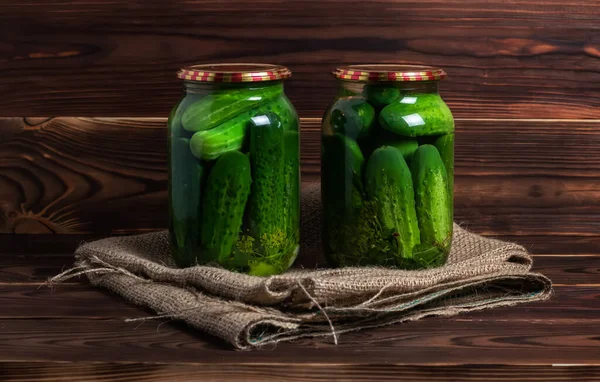 Preservations Conservation Salted Pickled Cucumbers Jar Old Wooden Table Cucumbers — Fotografia de Stock