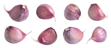 Beyaz arka plana sarımsaklı karanfil koyun. Koleksiyon.