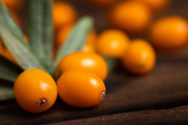 Buckthorn. Ahşap zemin üzerinde deniz dikenli diken. Yapraklı Buckthorn dalı