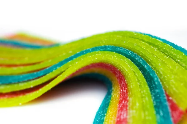 Rainbow Sour Jelly Candies Strips Sugar Sprinkle White Background — Stock Photo, Image