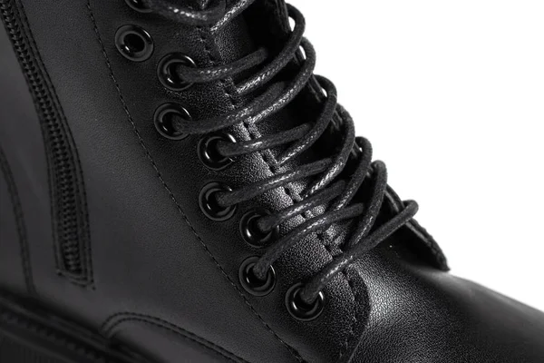 Leather Black Shoes White Background Macro Fashionable Shoes Autumn Winter — Stock Photo, Image