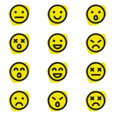 Çeşit çeşit duyguları olan yuvarlak soyut komik yüzler..