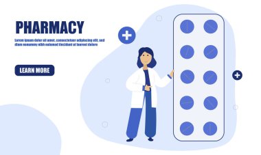 Eczane Konsepti. Düz Isometric Vektör Çizimi. Tıbbi reçete. İlaç haplarının yanında duran karakter..