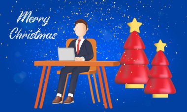 Bilgisayar ve Noel Ağacı 'nda iş adamı. Bir adam Noel arifesinde çalışmaya devam ediyor. Haber medyası, bilgi vs. için elverişli