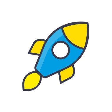 Çizgi film roket uzay gemisi kalkıyor, izole vektör çizimi. Basit düz uzay gemisi simgesi.