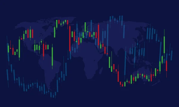 世界地图背景上的金融市场分析图 部分和股票市场的比例 交易者仪表盘 矢量图解 — 图库矢量图片