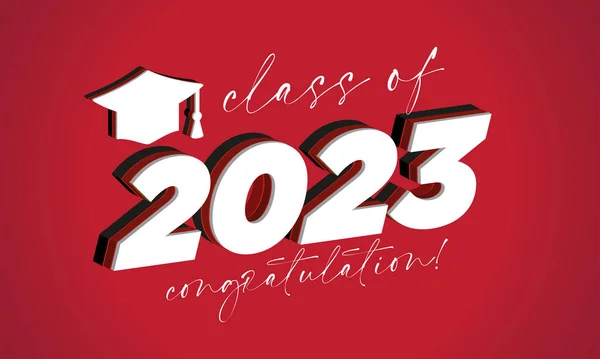 Sınıf 2023. Yıl ve mezuniyet şapkası ile stilize edilmiş yazıtlar. Mezuniyet temalı tasarım için vektör illüstrasyonu, basit biçim.