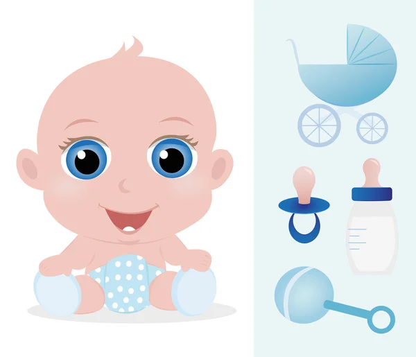 Adorable baby boy and baby accessories set — Stock Vector