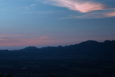 Yeşil pirinç tarlalarının manzarası. Güneşin akşam ışığı gökyüzü ile çelişiyor..