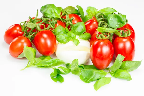 Tomaten en mozzarella kaas gegarneerd met basilicum. — Stockfoto