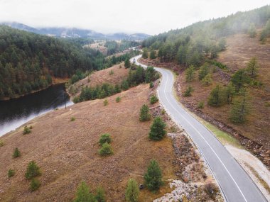 Kavisli yolu, ormanı ve gölü olan havadan kırsal alan. Doğa turizm beldesi, Zlatibor, Tornik, Sırbistan