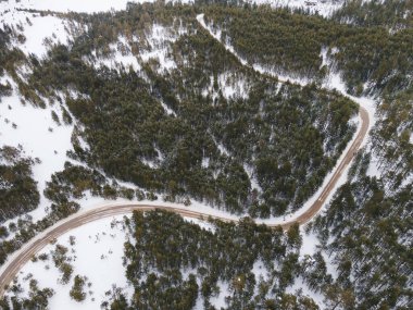 Kış manzarasında viraj yolu. Karlı ormandaki ağaçların arasındaki yol dronundan hava manzarası.