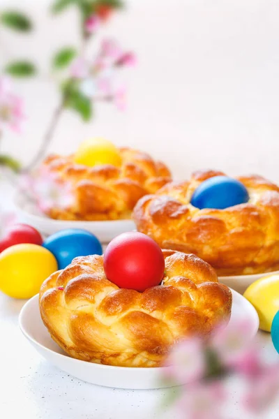 Easter Egg Bread Dyed Eggs Baked Right Bread Placed Table — Stock Photo, Image