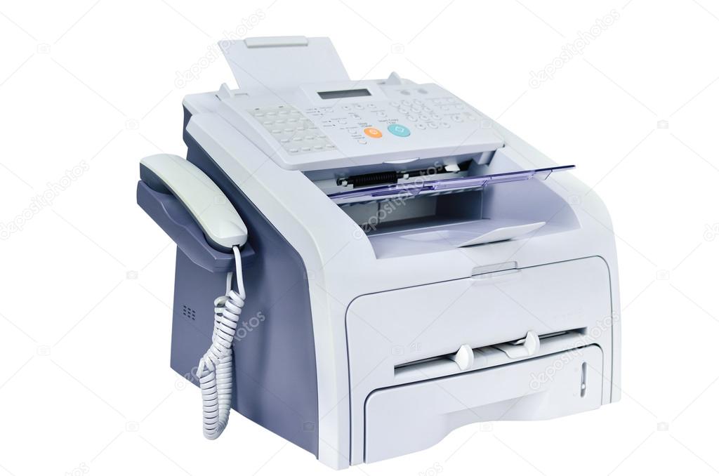 Grey computer printer,fax, telephone isolated