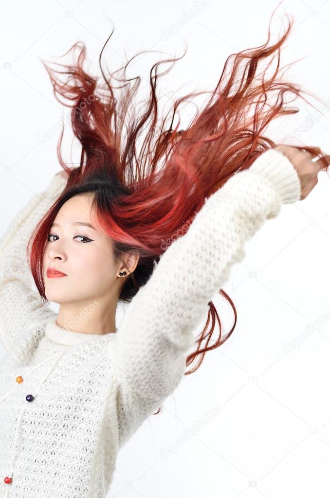 asian women red long hair in modern fashion