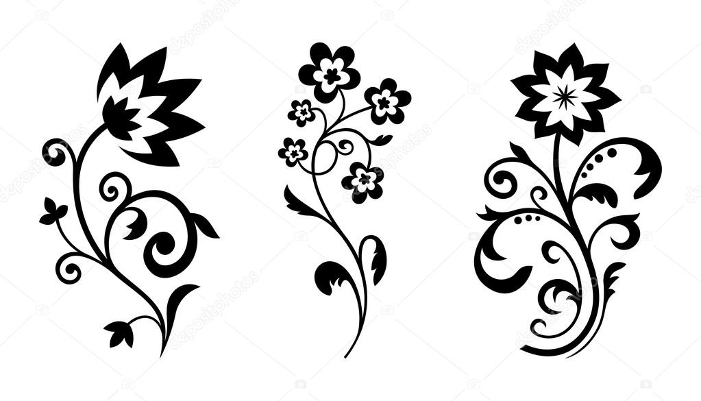 Silhouettes of abstract vintage flowers. Vector elements for art design