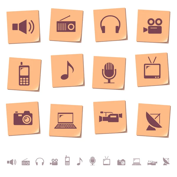 Icônes multimédia et télécommunications sur notes de service — Image vectorielle
