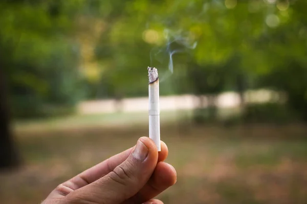 a cigarette is burning in the man\'s hands against the background of a green park