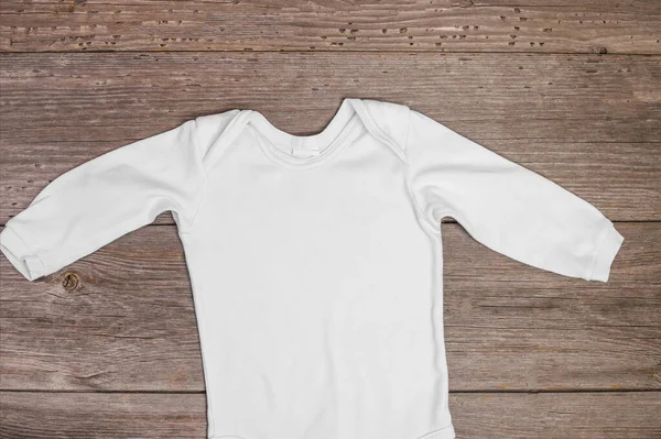 Abbigliamento Bambini Vista Dall Alto Body Bianco Modello Fondo Legno — Foto Stock
