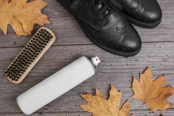 Autumn shoe shine. Black leather shoes, shoe brush and shoe polish on a rustic background with yellow leaves.