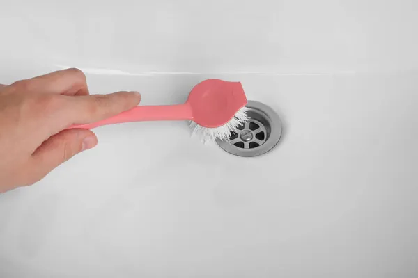 Close Sink Drain Clean Pink Brush Cleaning Steel Sink Sponge — Stock Photo, Image