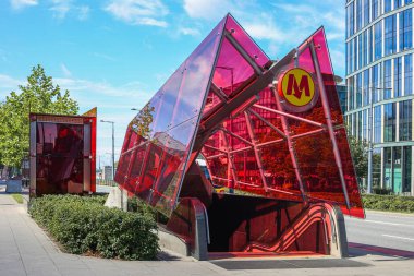 Modern metro entrance. External view of the entrance to the subway station. Passenger elevator inside the train station so that people with disabilities can use the service comfortably