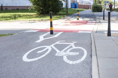 Bicycle symbol on designated track. Empty bike Lane in the city