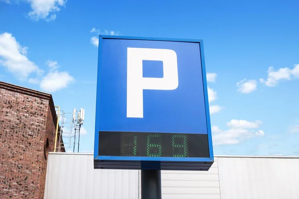 electronic sign of free parking spaces. Shopping Mall Public Car Parking Lot Sign with Parking Space Availability Indicator and Green LED Counter